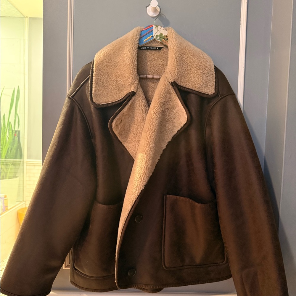 Zara Brown Vegan Leather Shearling Jacket